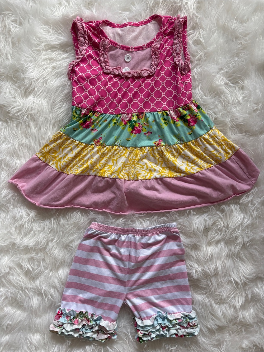 Girls Pink Multi-Pattern Ruffle Tunic & Shorts Set